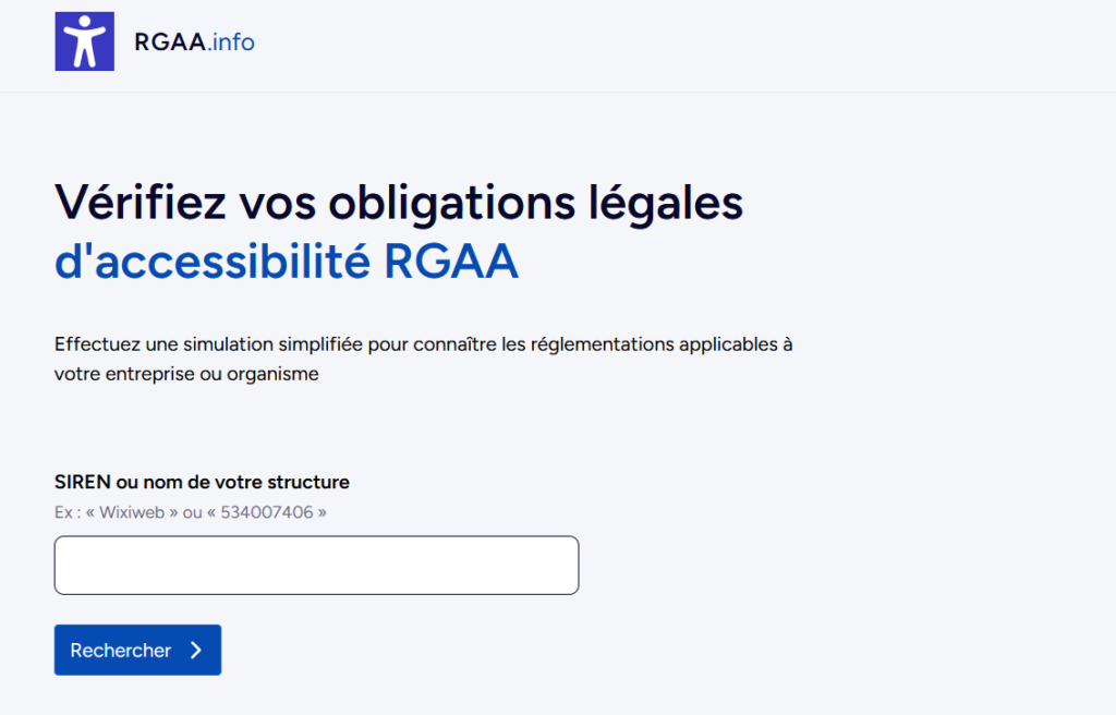capture d'écran de l'application rgaa.info qui montre le moteur de recherche d'entreprise